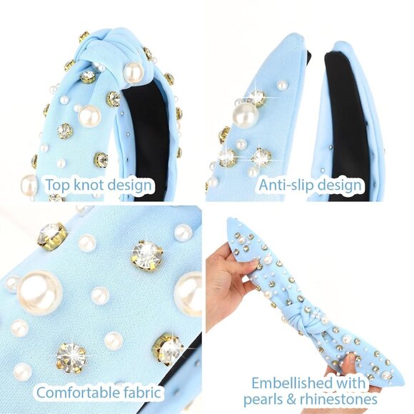 Blue Headband Pearl Knotted Headband Sparkly Rhinestone Pearls Top Knotted Headb - Picture 4 of 7